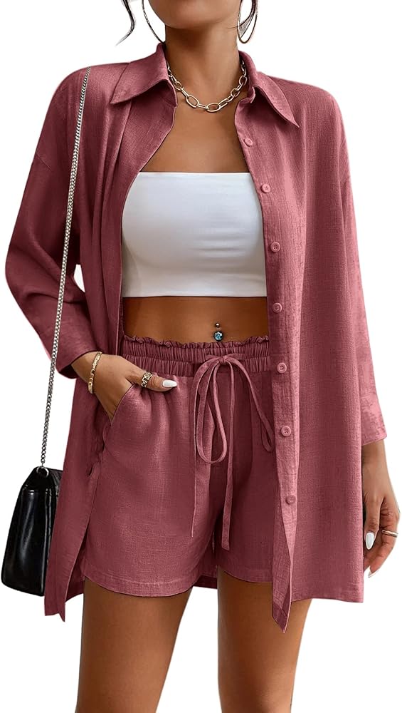 Aoulaydo Women’s 2 Piece Lounge Tracksuit Outfit Set Summer Botton Down Long Sleeve Shirt with Short Set Casual Matching Set