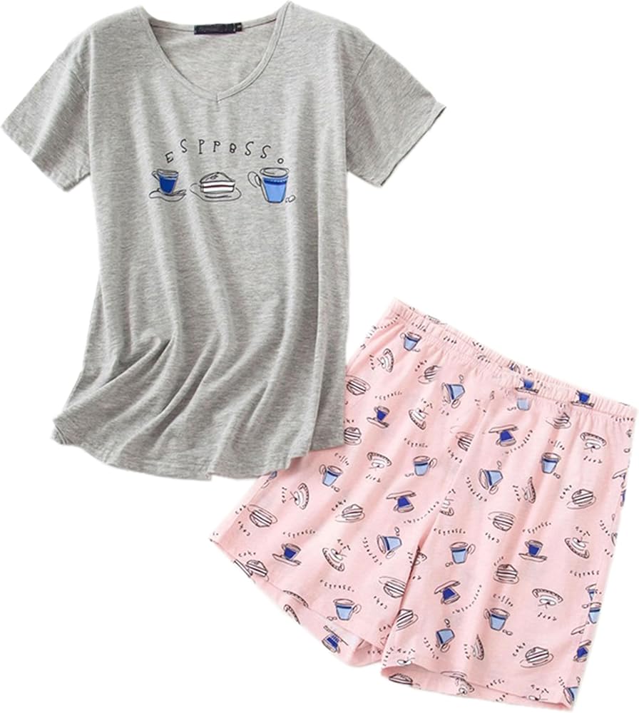 PNAEONG Women's Pajamas Set, Cotton Short Sleeve Sleepwear Top Capri Pjs Sets S-XXL