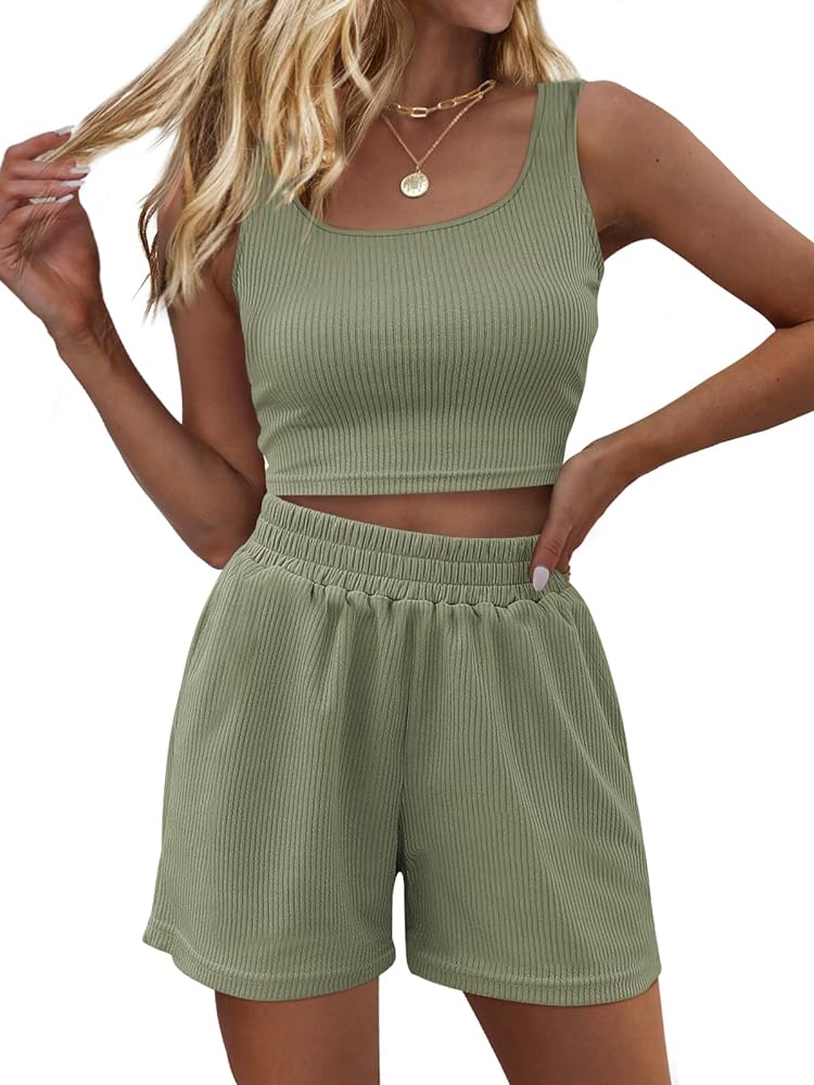 Trendy Queen Two Piece Summer Outfits Women Shorts Sets 2 Piece Sleeveless Matching Lounge Crop Top and High Waisted Shorts