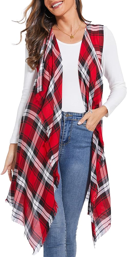 Moss Rose Womens Plaid Sleeveless Cardigan Vest Lapel Open Front Jacket Coat for Summer