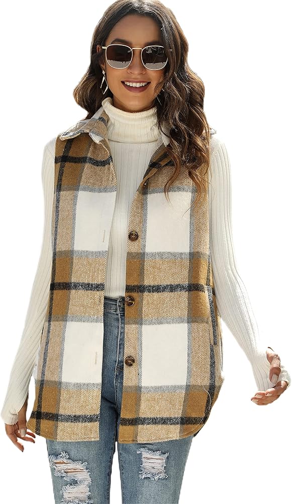 Tanming Women's Plaid Vest Brushed Flannel Sleeveless Shacket Shirt Jacket with Pockets