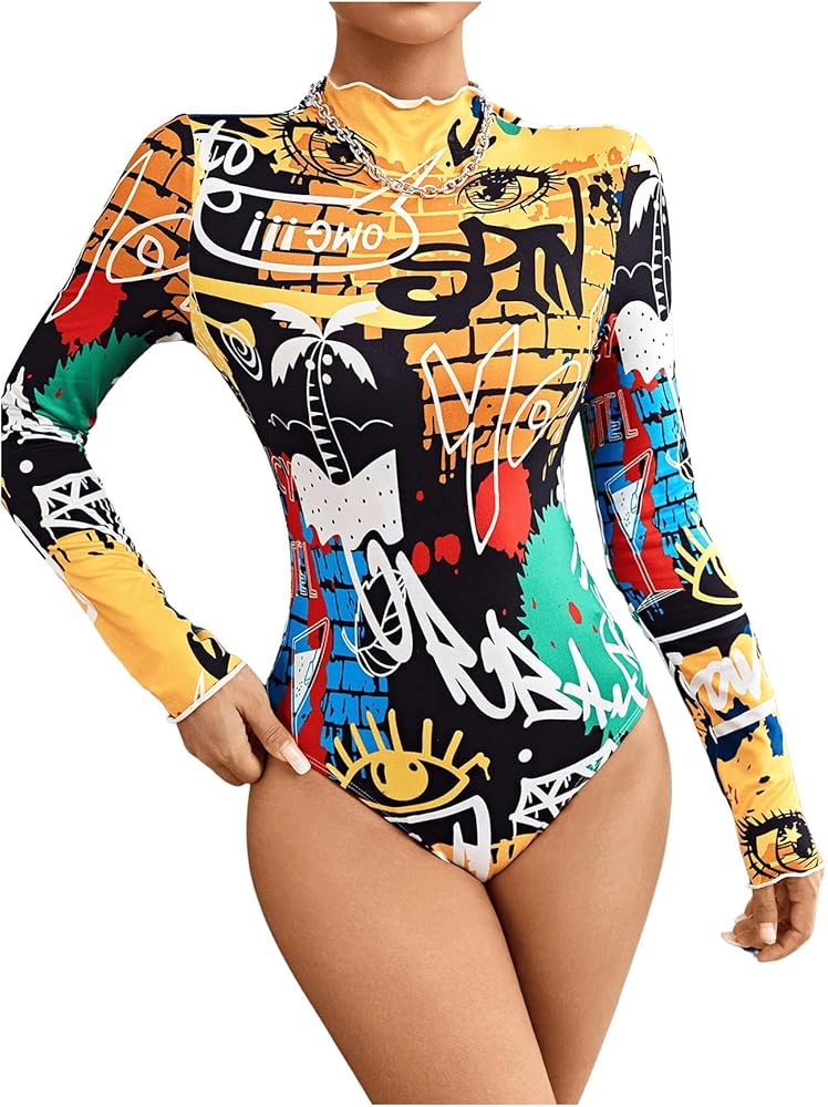 GORGLITTER Women's Graphic Letter Long Sleeve One Piece Bodysuit Tops Colorful Mock Neck Graffiti Leotard Shirt