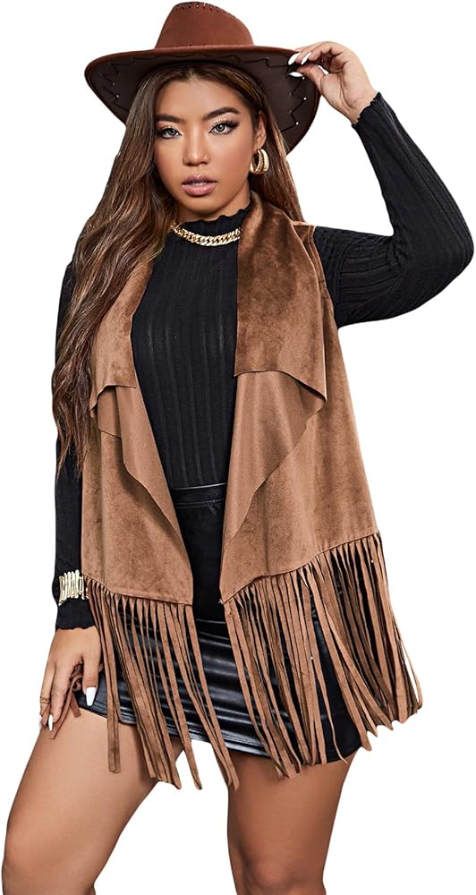 WDIRARA Women's Plus Size Fringe Sleeveless Vest Open Front Faux Suede Jacket Coat