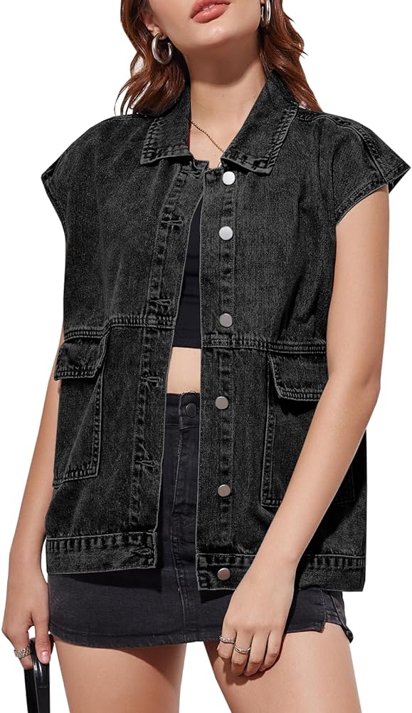 Imily Bela Womens Denim Vest Top Button Down Cap Sleeve Loose Fit Jean Jacket with Pockets