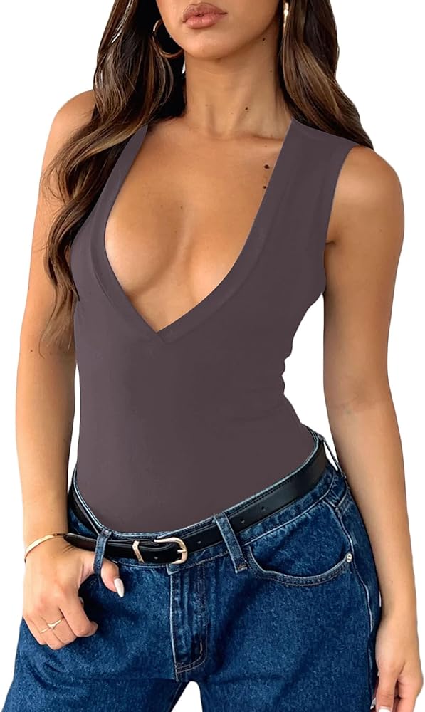 Fanway&EC Women's Basic Sleeveless V Neck Bodysuits Sexy Slim Fit Solid Tank Tops