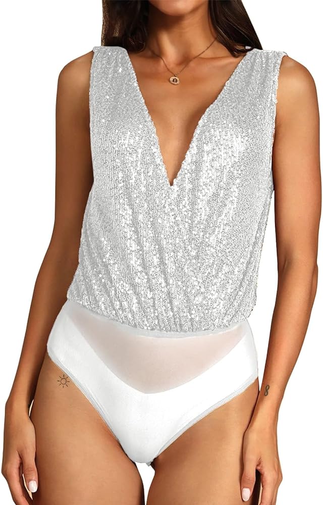 Sequin Tops Bodysuit for Women Sparkly Tops Sleeveless Tank Top Deep V Backless Sexy Bodysuit for Women,Silver,Small