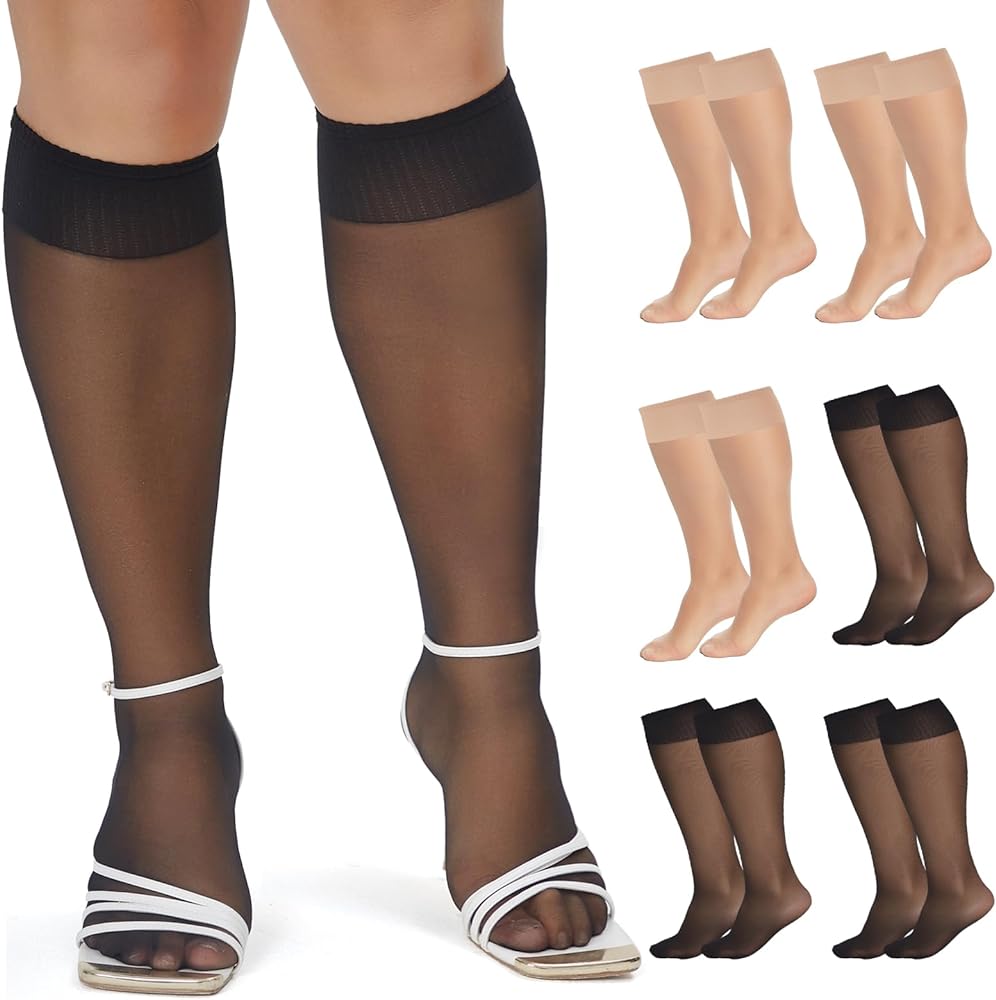 6 Packs Plus Size Knee High Sheer Stockings for Women, Nylon Trouser Socks