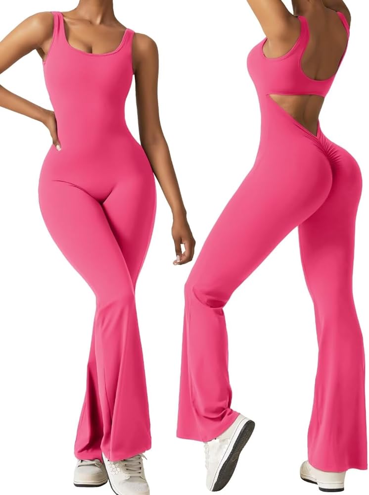 Vertvie Sleeveless Flare Jumpsuits for Women Sexy Backless Bodycon V Back Scrunch Butt Yoga Rompers Seamless Workout Bodysuit