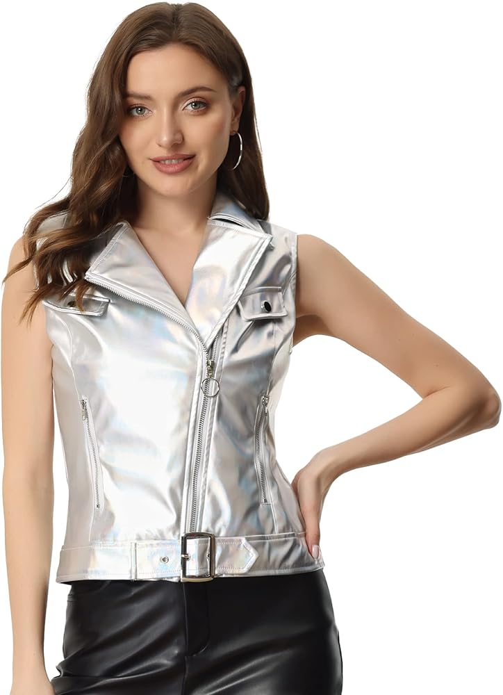 Allegra K Metallic Holographic Shiny Vest for Women Party Club Zip Up Moto Biker Sleeveless Waistcoat