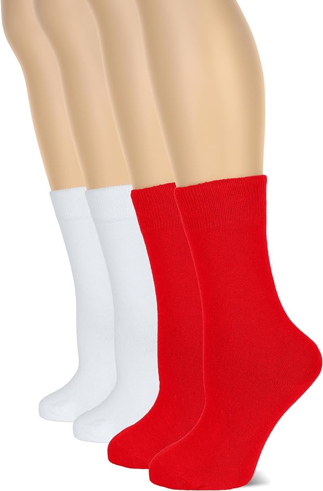 Hugh Ugoli Women's Cotton Crew Socks | Plain Color, Regular Fit, Soft Casual Socks for Trouser, 4 Pairs, Red/White, Shoe Size: 6-9