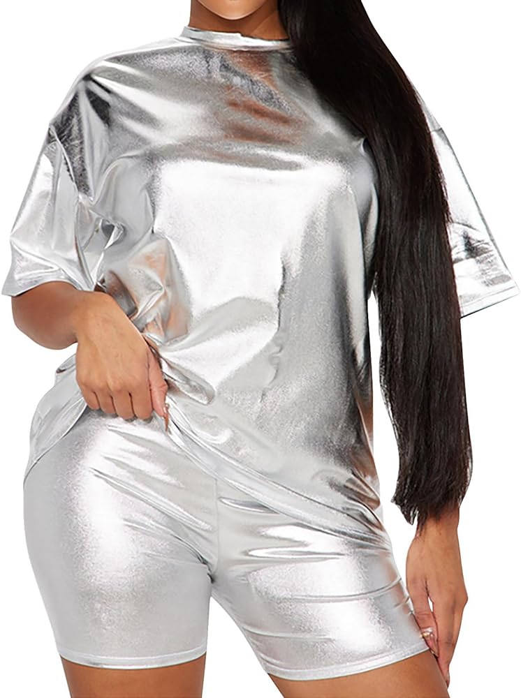 Women Metallic Shiny 2 Piece Outfits Plus Size Casual Short Sleeve Shirt and Shorts Set Tracksuit Party Clubwear