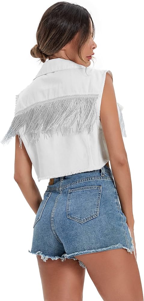 Verdusa Women's Fringe Raw Trim Sleeveless Denim Vest Jean Jacket Coat