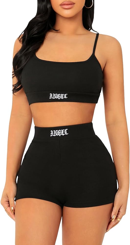 GORGLITTER Women's Two Piece Summer Set Letter Cami Crop Top Biker Shorts Matching Sets Tracksuit