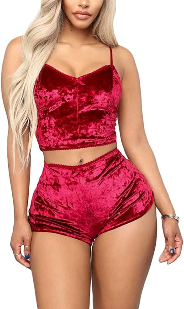 Angsuttc Women's Velvet 2 Piece Outfit Spaghetti Strap Sleeveless Crop Top+ Shorts Set