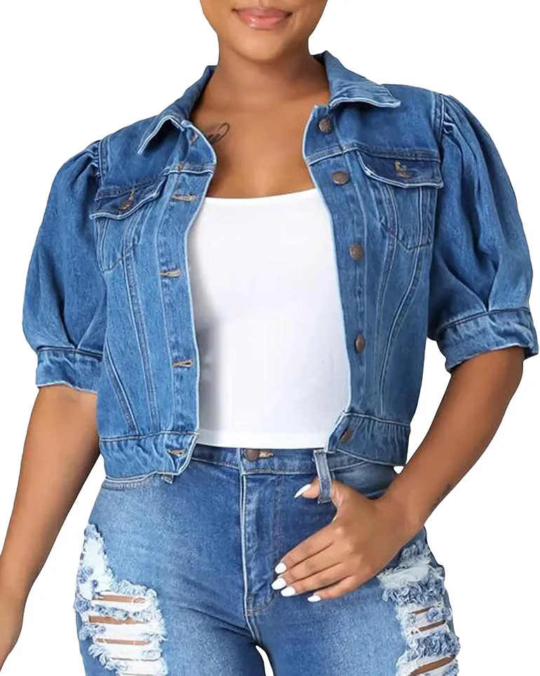 SOMTHRON Women's Cropped Jean Jacket Puff Short Sleeve Button Down Denim Coat Crop Top Outerwear