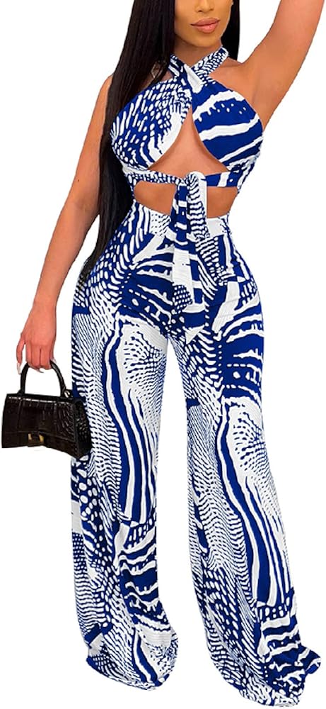 Ekaliy Women's 2 Piece Multi Wear Outfits Halter Neck Criss Cross Backless Crop Top Wide Leg Pants Set Clubwear