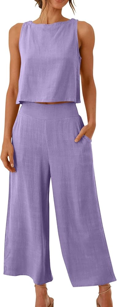 Two Piece Summer Outfits For Women Trendy 2023 Matching Lounge Set Crop Top Wide Leg Cropped Pants Sets Jumpsuit