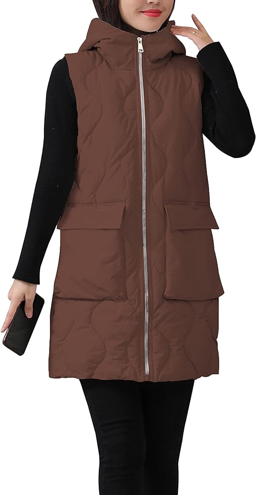 HangNiFang Winter Long Puffer Vest for Women Zip Up Hoodie Quilted Vest Jacket