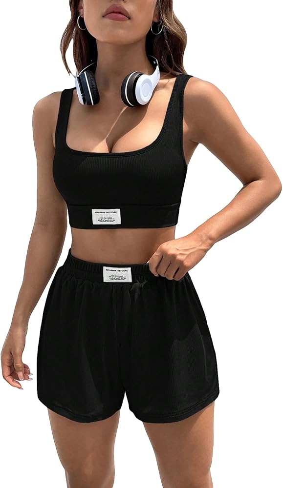 GORGLITTER Women's 2 Piece Outfit Letter Square Neck Crop Tank Top and Track Shorts Set Black Large