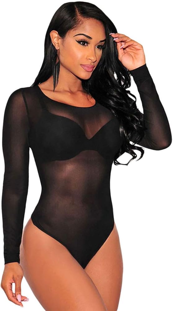 MAYFASEY Women's Sheer Mesh See Through Bodysuit Sexy Party Leotard Bodysuits Club Night Out Body Tops