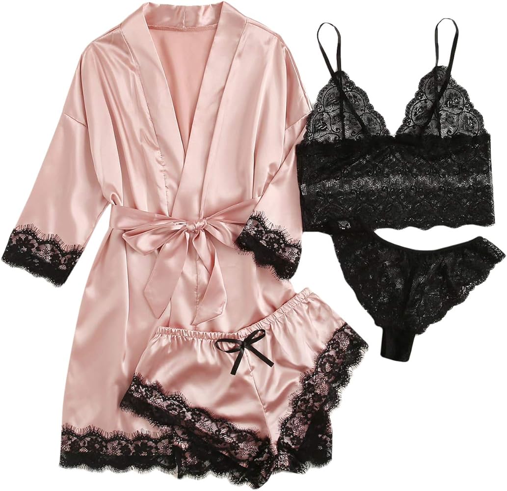 WDIRARA Women' Silk Satin Pajamas Set 4pcs Lingerie Floral Lace Cami Sleepwear with Robe