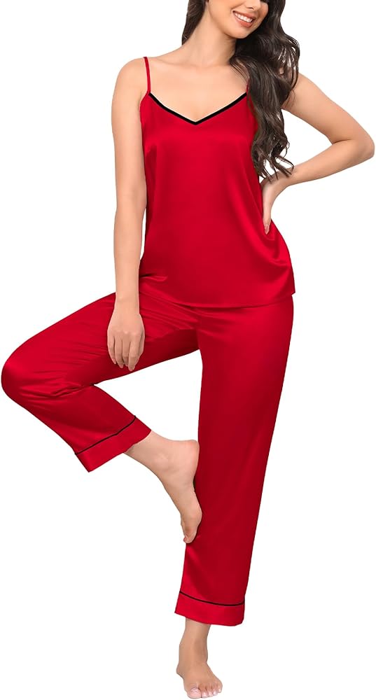 SWOMOG Womens Silk Satin Pajamas Set 2 Pcs Pj Sets Bridesmaid Pjs Cami Top and Pants Sleepwear