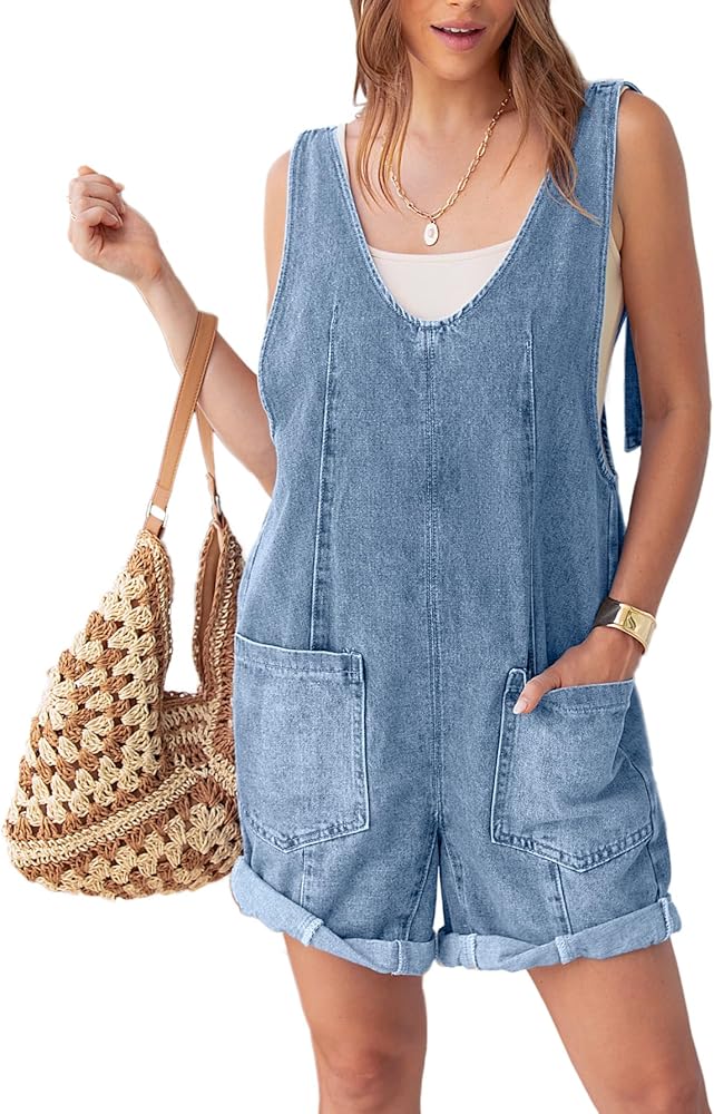 Glamaker Womens Casual Sleeveless V Neck Denim Romper Overall Shorts Summer Jean Romper Denim Outfit With Pocket