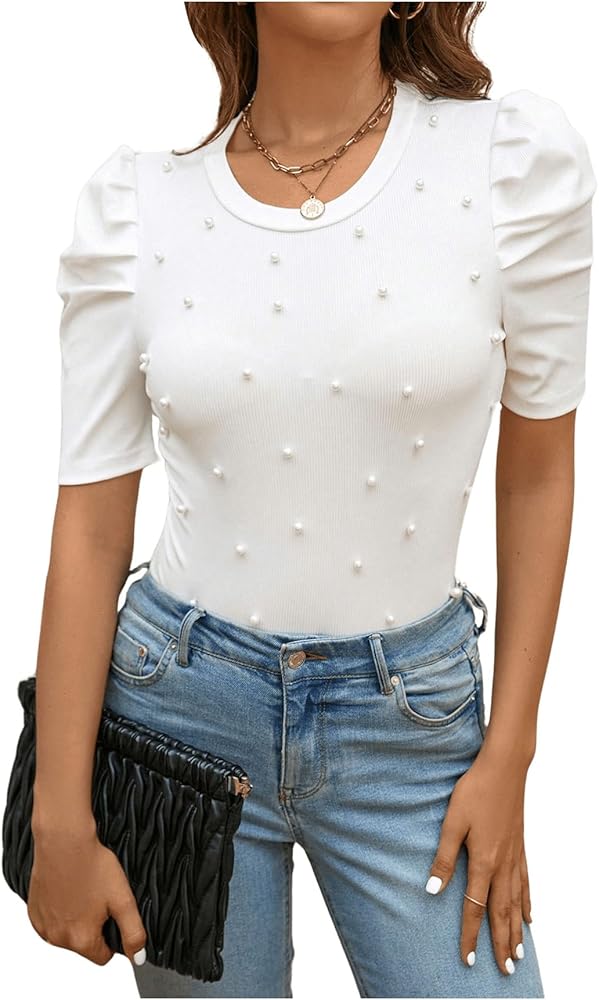 WDIRARA Women's Pearls Puff Short Sleeve Bodysuit Round Neck Rib Knit Fitted Bodysuit Top