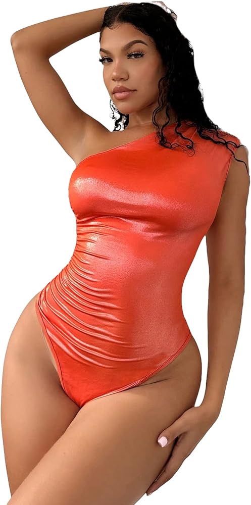 MakeMeChic Women's Faux Leather Bodysuit Metallic Glitter One Shoulder Sleeveless Ruched Bodysuit Tank Top