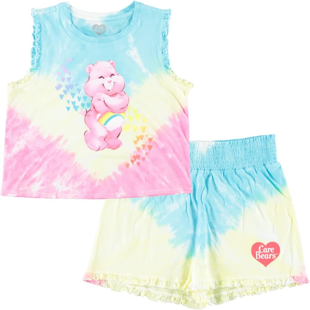 Mighty Fine Adorable Care Bears Junior Girls Tie-Dye Crop Top and Shorts Set: Spread Love and Cheer!