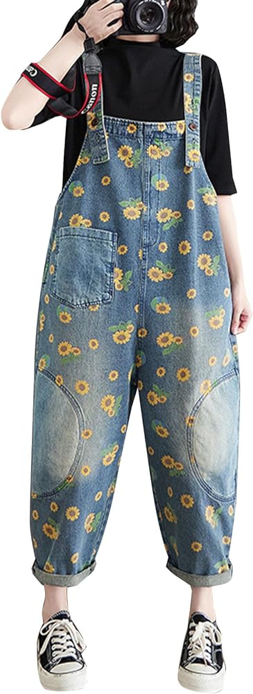 Flygo Womens Overalls Loose Floral Printed Distressed Denim Jeans Cropped Harem Pant Baggy Jumpsuits with Pockets(Style05Blue-L)