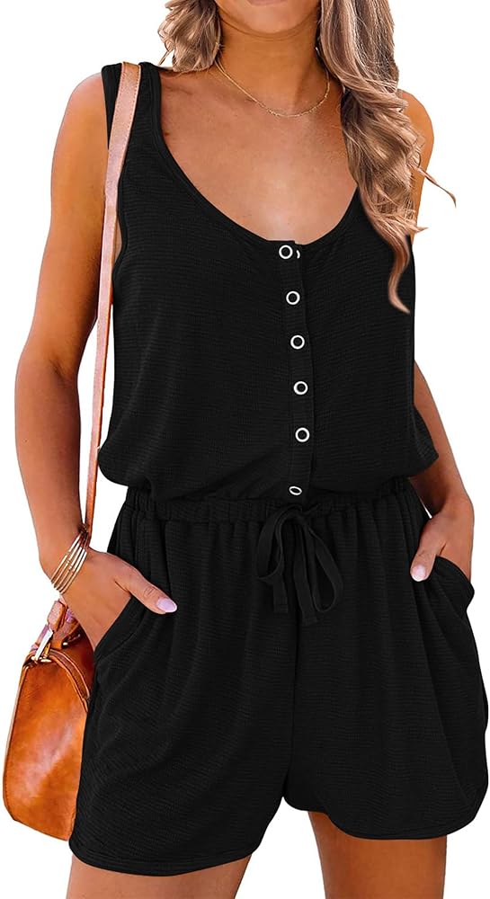 PRETTYGARDEN Women's Summer Casual Shorts Jumpsuit Plain Scoop Neck Button Down Sleeveless Tank Top Rompers With Pockets