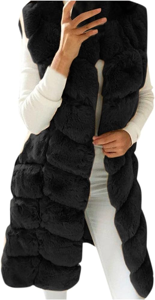 Women's Faux Fur Long Vest Jacket Sleeveless Plush Gilet Coats Open Front Winter Warm Fuzzy Waistcoat Outerwear