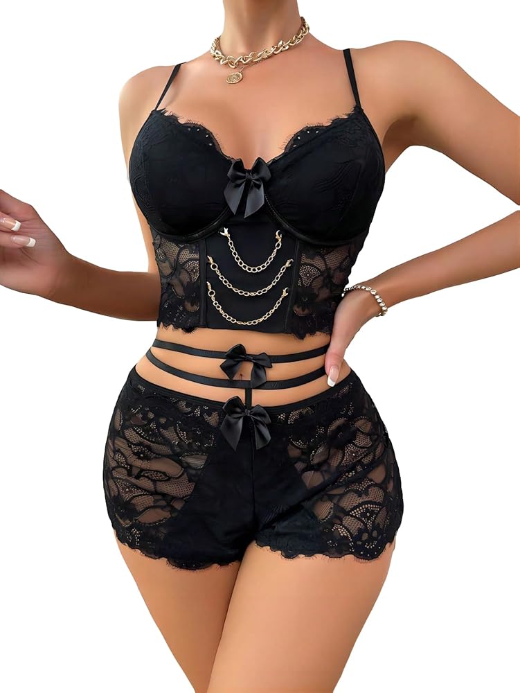 SHENHE Women's Sexy 2 Piece Lace Sleepwear Crop Bustier Cami and Shorts Sheer Pajama Set