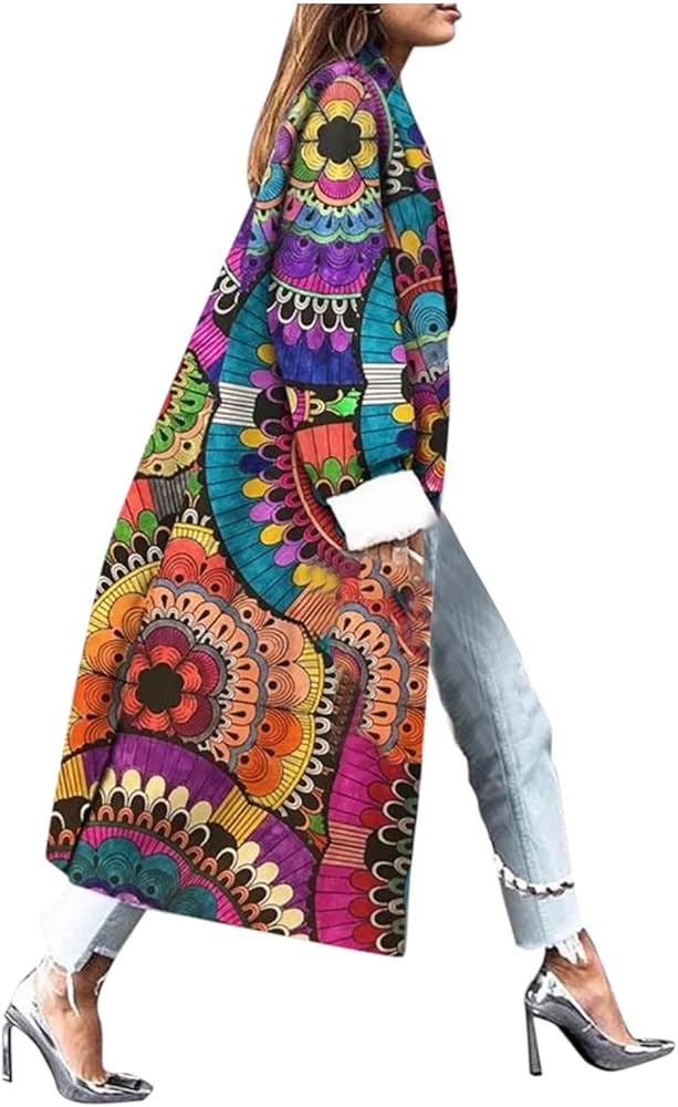 Women's Graphic Print Blazer Thin Open Front Long Sleeve Jacket Multicolored