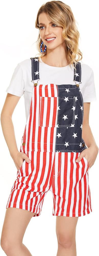 American Flag Overalls Shorts Denim Bib 4th Of July Patriotic Jumpsuit for Men and Women