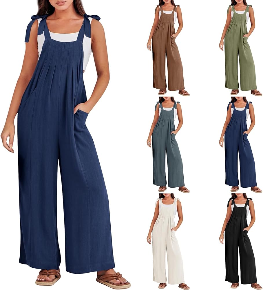 Linen Overalls for Women Loose Fit Adjustable Tie Straps Bib Overalls Sleeveless Wide Leg Jumpsuit Summer Rompers