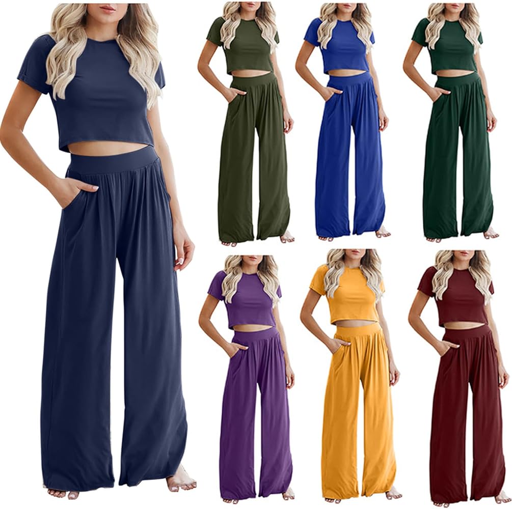 Sexy Two Piece Outfits For Women Trendy 2023 Ribbed Knit Crop Top Wide Leg Flowy Pants Set Comfy Matching Lounge Sets