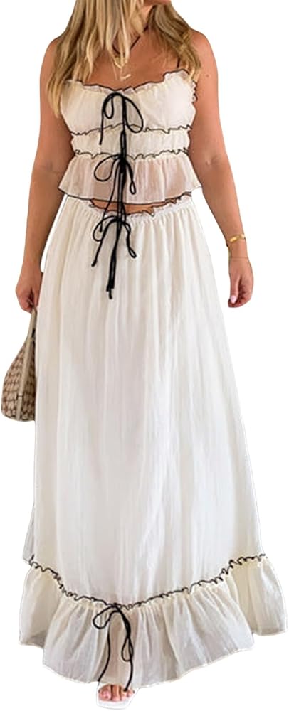 Women Ruffle 2 Piece Skirt Set Spaghetti Strap Lace Trim Cami Top Tiered Flowy Long Skirt Summer Going Out Outfits