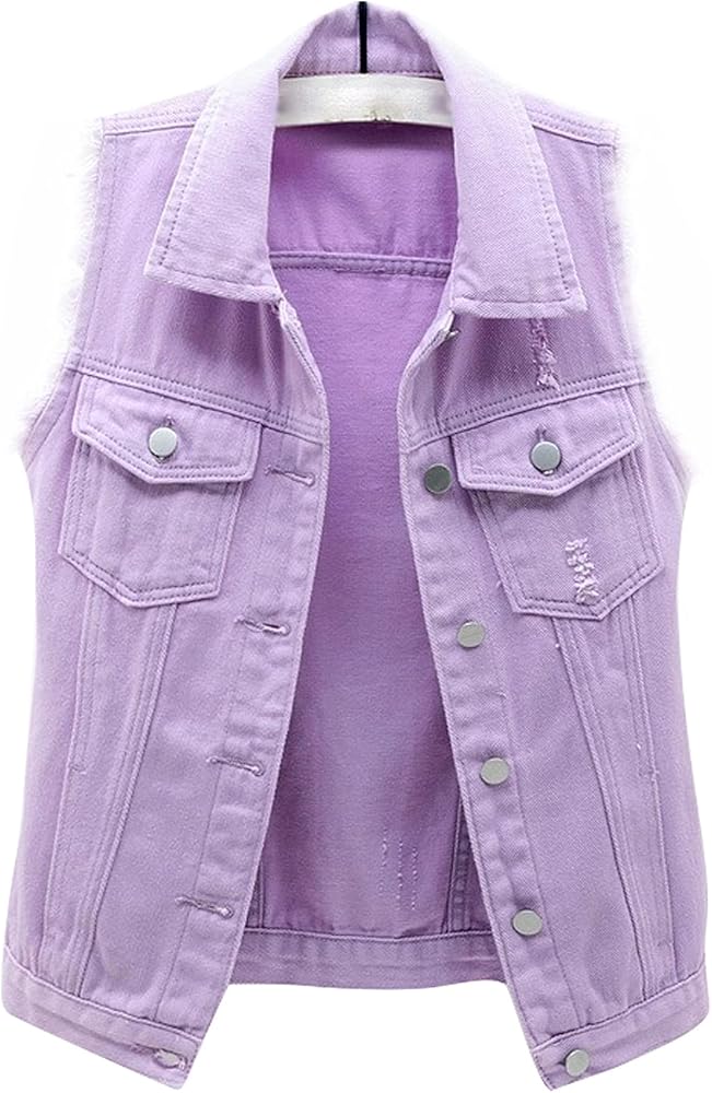 COWOKA Women's Casual Denim Waistcoat Slim Fit Frayed Sleeveless Jacket Ripped Tops with Pockets