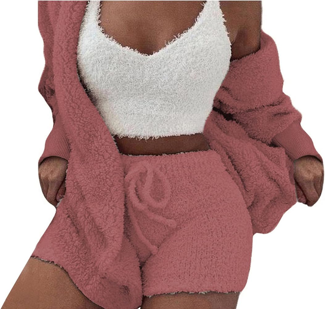 SHINFY Women's Sexy Fuzzy Fleece 3 Piece Outfits Pajamas Soft Sherpa Coat Jacket and Crop Top Shorts Set