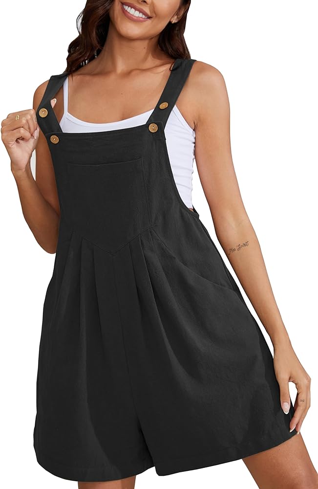 Women's Short Overalls Summer Casual Adjustable Strap Loose Linen Short Bib Overalls Jumpsuit Rompers