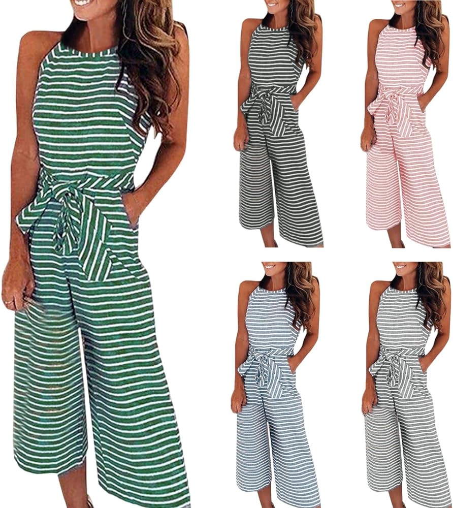 Women's Jumpsuits, Rompers & Overalls Slim Sexy Pocket Striped Round Neck Sleeveless Jumpsuit Jumpsuits