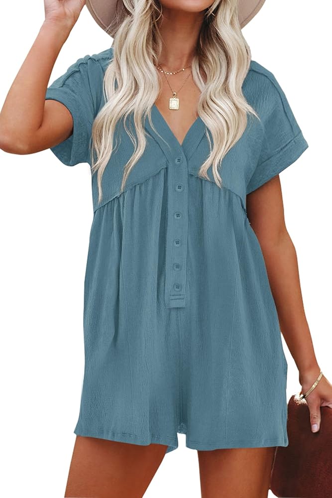 ReachMe Womens Short Sleeve Summer Rompers Casual Loose Fit V Neck Jumpsuits Sexy Belted Short Romper jumpers