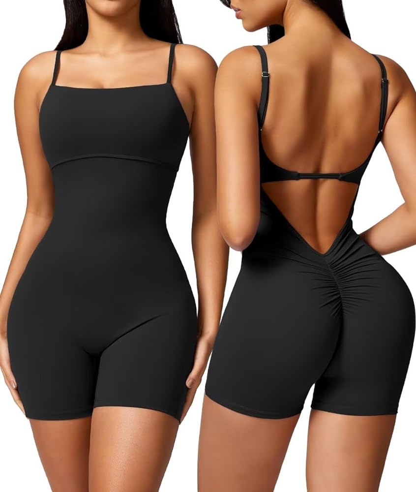 Vertvie One Piece Jumpsuits for Women Sleeveless Backless Tummy Control Workout Jumpsuit Shorts V Back Scrunch Yoga Rompers