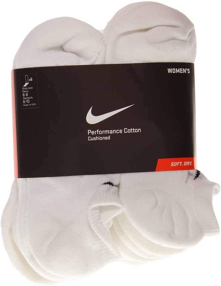 Nike Women's Performance Dri Fit Performance No Show Cotton Cushioned Moisture Wicking Socks White Medium (6-10) US Women (6 Pack)