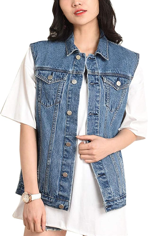 Flygo Womens Casual Plus Size Buttoned Distressed Washed Denim Vest Sleeveless Jean Jacket W Chest Flap Pockets