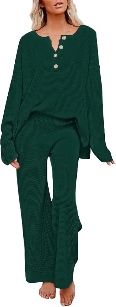 Pink Queen Matching Lounge Sets for Women 2 Piece V Neck Christmas Sweater Top Wide Leg Knit Pants Tracksuits Green M