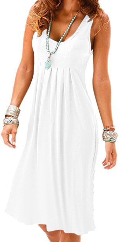 Camisunny Women Casual Loose Tank Dresses Sleeveless Beach Vacation Dress Swing Pleated U Neck Fashion Soft