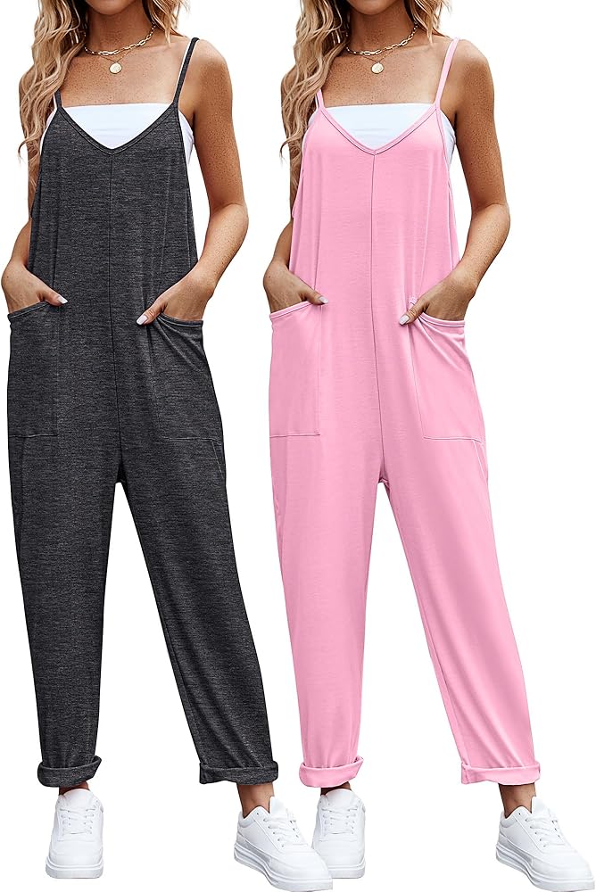 2 Pcs Womens Casual Sleeveless Jumpsuit Loose Adjustable Spaghetti Strap Overall Stretchy Long Pant Romper with Pocket